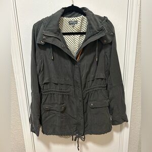 Market & Spruce Grey Anorak Utility Jacket Polka Dot Lining Removable Hood Sz M